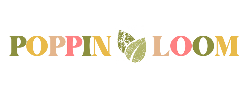 Logo for Poppin Loom in green, yellow, tan, rose colors with two leaves in the middle.