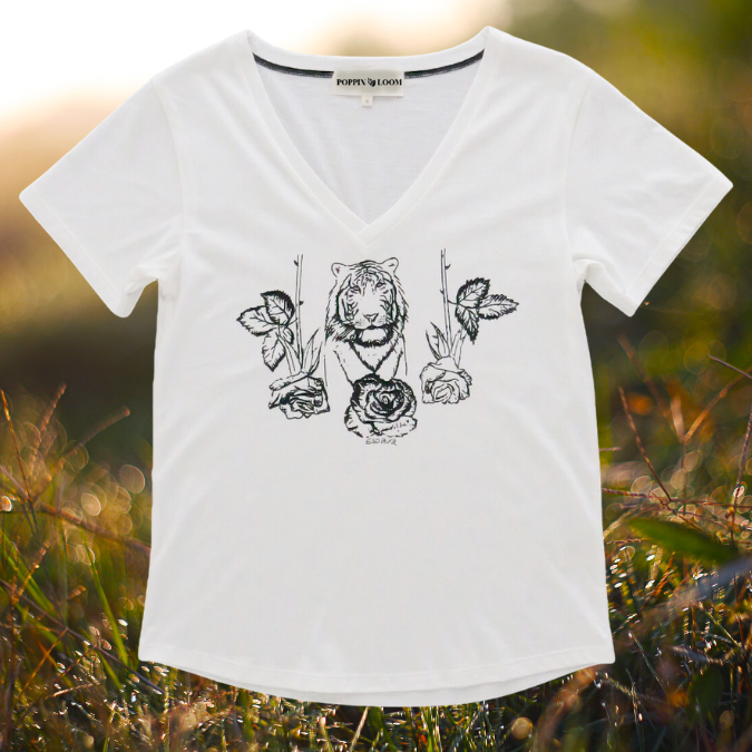 women's vneck tee with a tiger design and a vine with leaves and a rose printed in algae ink