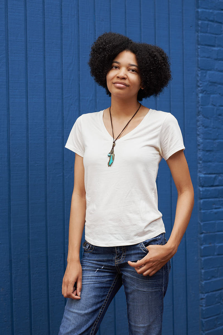 Women's Plain T-Shirts - Eco White Peruvian Pima Cotton V-Neck Short Sleeve - Organic GOTS Certified