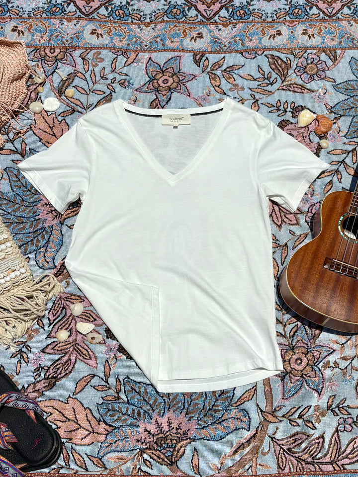 plain white v-neck tee.