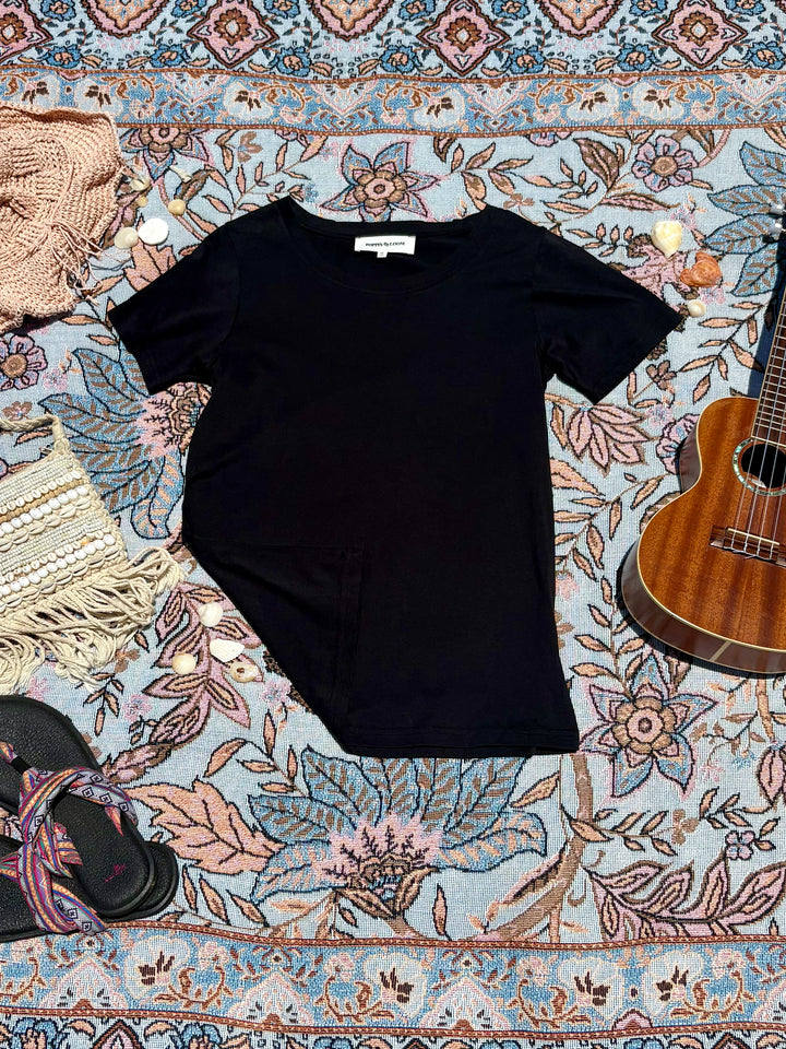 plain black tee shirt, rounded neckline.