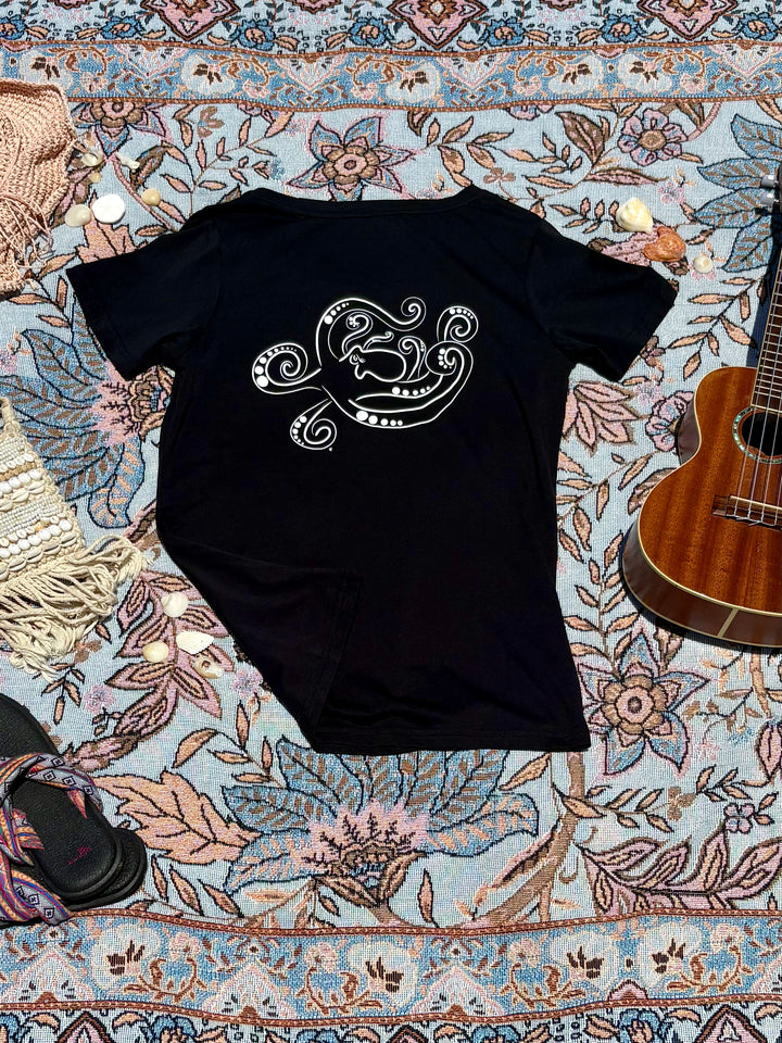 black round-neck tee with octopus sketch on back.